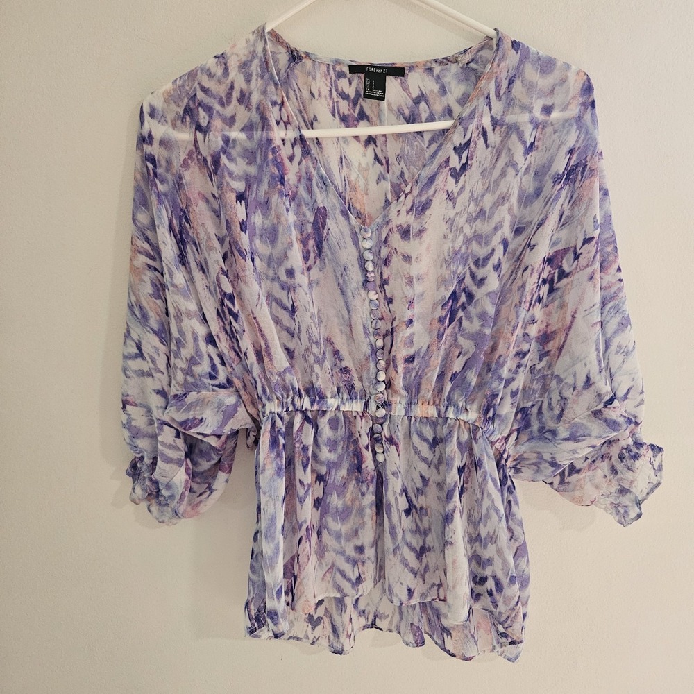 Forever 21 Flowy Swim Coverup Women Size Small Purple Pink Watercolor Abstract